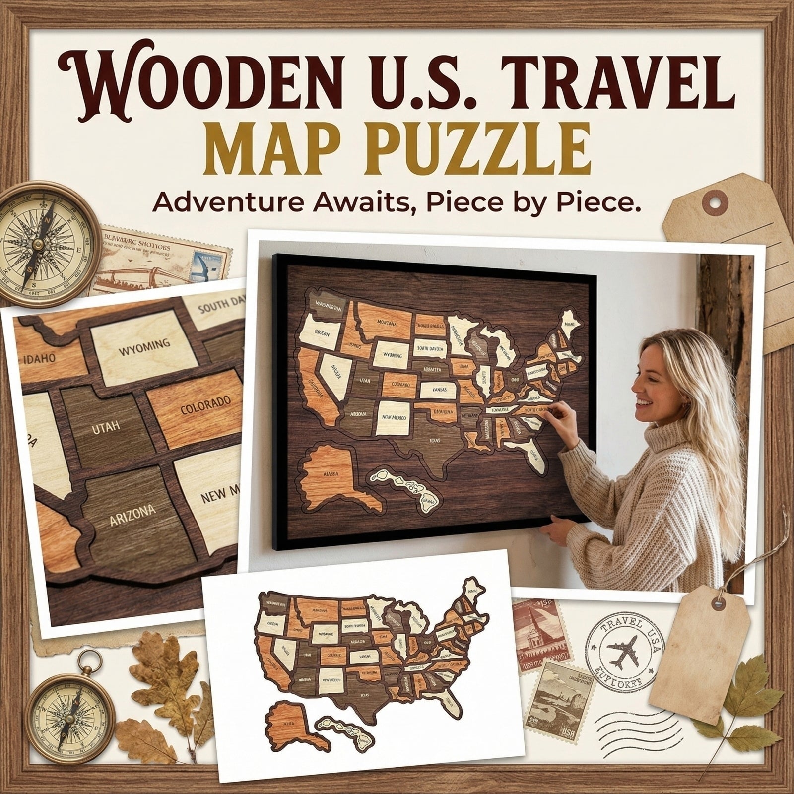 🇺🇸 Wooden USA Travel Map Puzzle🧩A Stylish Way to Track Your Journey & Memories🔥
