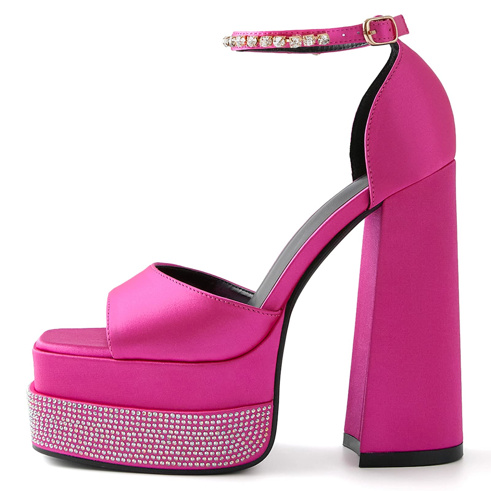 Women'S Platform High Heels Pumps Chunky Block Square Closed Toe Ankle Strap Buckle Satin/Patent Black Rhinestones Party Prom Dress Mary Jane Shoes